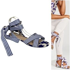 Cabi Tied Up Sandals‎ Blue & White Stripe Floral Ankle Wrap Flat Womens 10 Bow